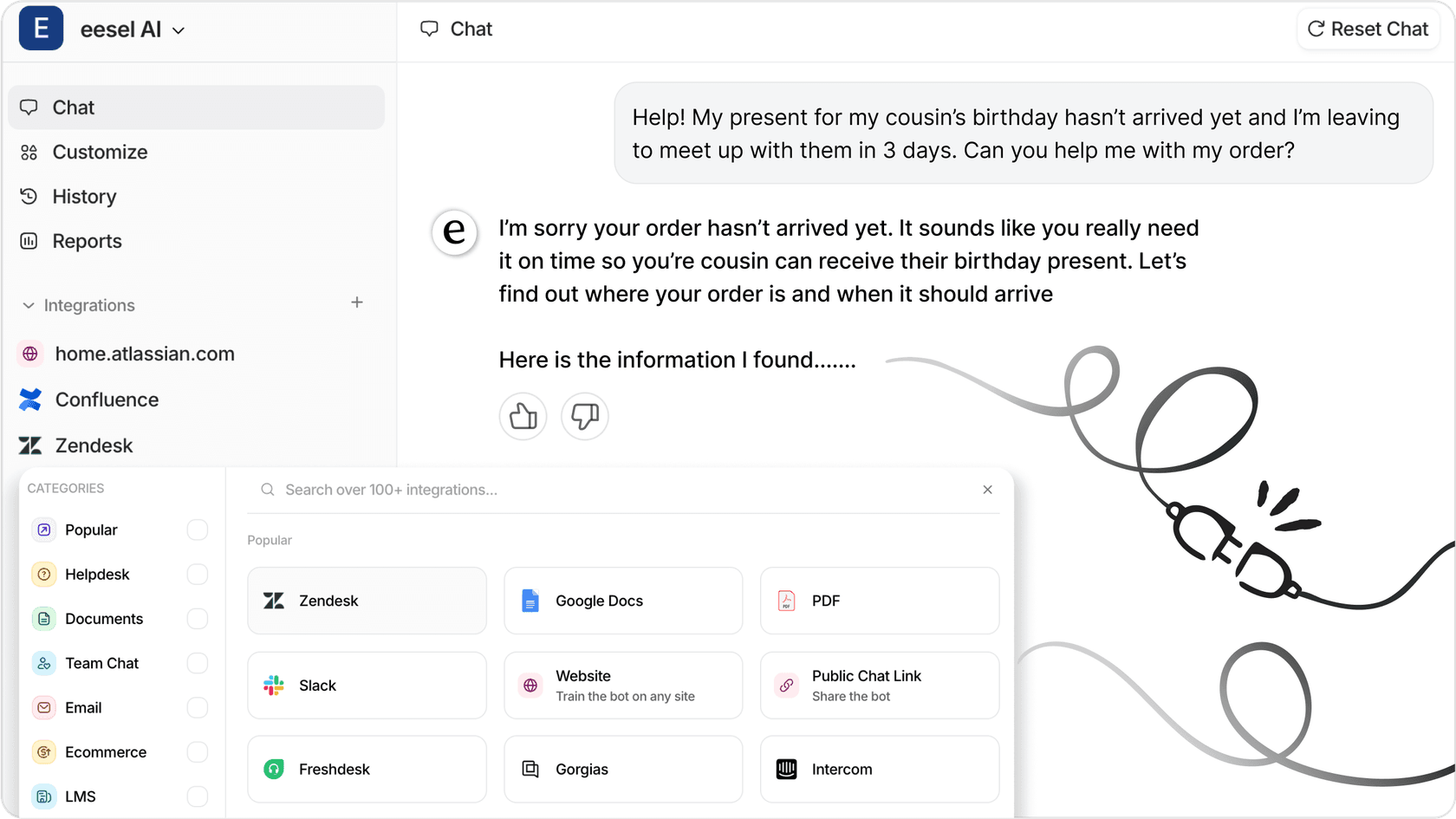 Screenshot of the eesel AI dashboard, displaying different integrations and also a customer interaction with the AI chatbot.