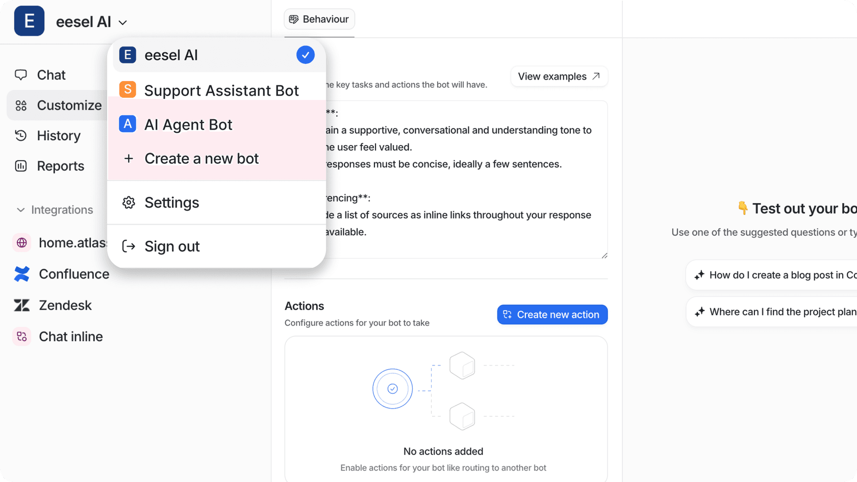 Dashboard view of eesel AI showing multiple bots on the left side, with source integrations.