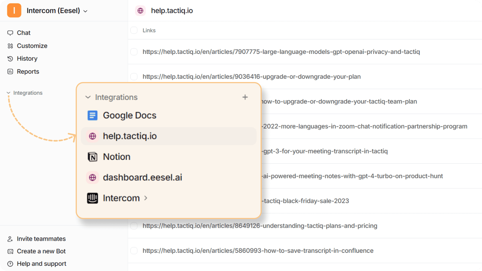 Tactiq integrates with intercom, google docs