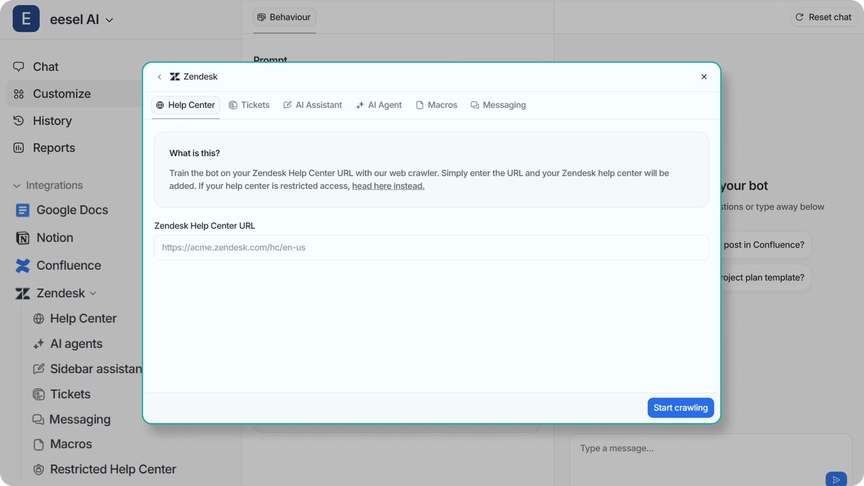 Screenshot of eesel AI dashboard showing the integration options for Zendesk.