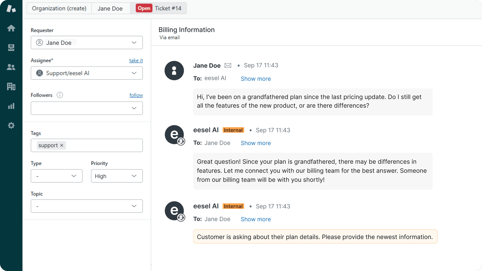 Screenshot of eesel AI escalating a ticket to the right agent.