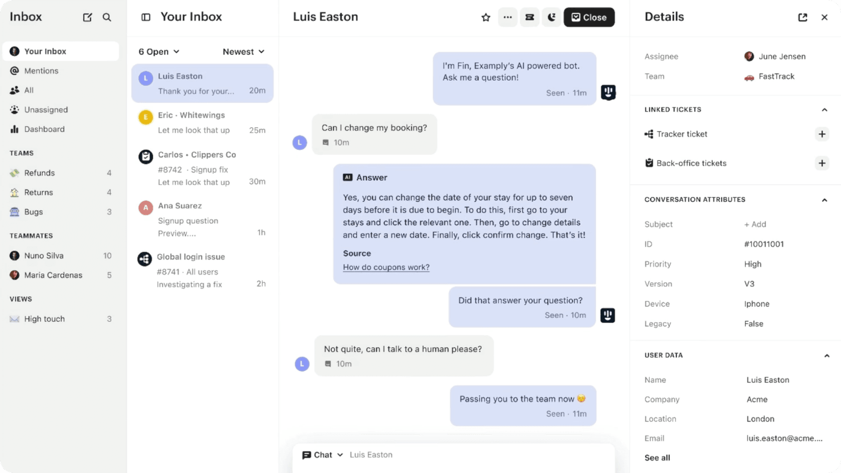 Screenshot of Intercoms Fin AI in action; resolving a ticket.