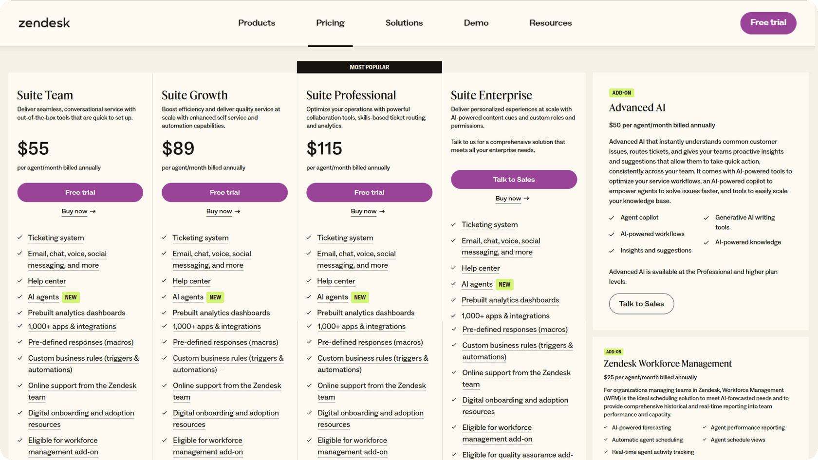 Screenshot of Zendesk plans plus the Advanced AI add on.