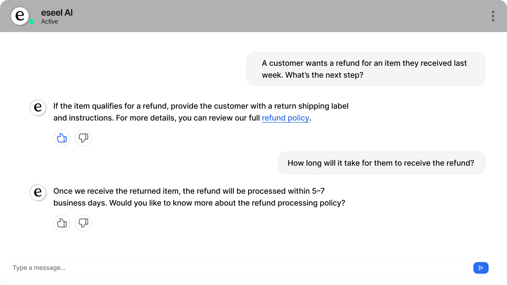 Screenshot of the eesel AI virtual agent/assistant chatting with a customer, helping them retrieve information.