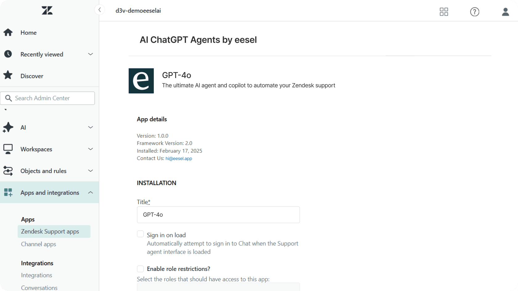 A screenshot of Zendesk admin dashboard highlighting the GPT-4o integration configuration panel.