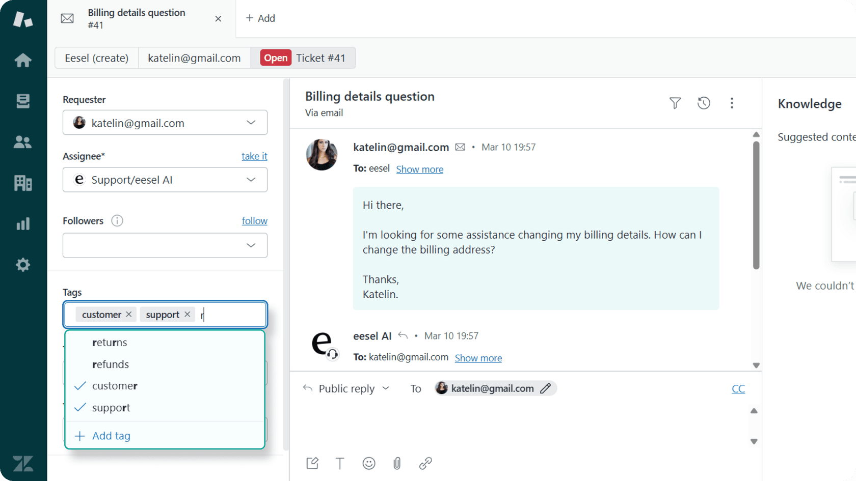 Screenshot of Zendesk manual tagging interface showing the tag selection dropdown with different options, multiple tag fields, and a manual tag entry box highlighting the complexity of accurate tag selection.