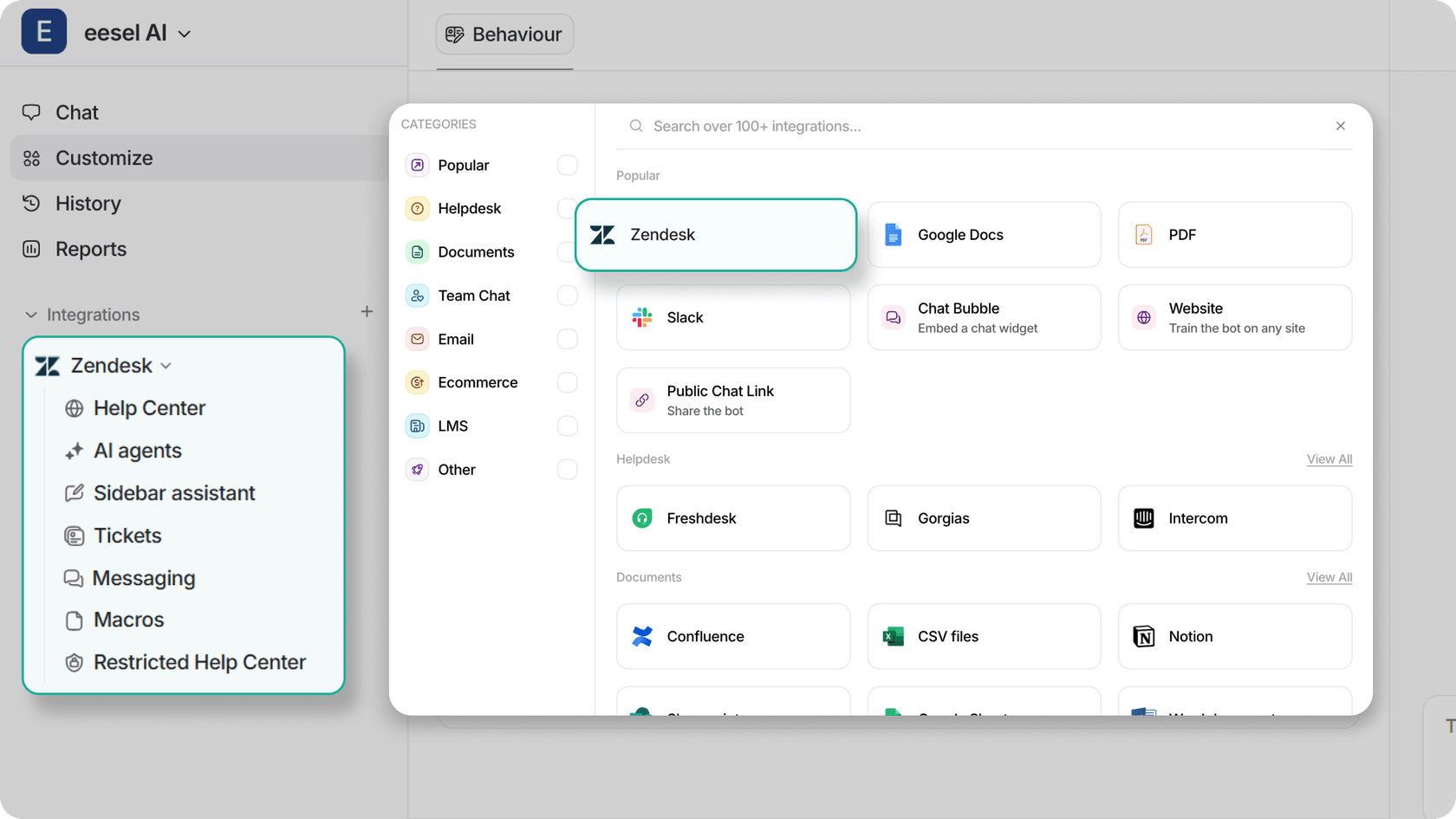 Screenshot of eesel AI dashboard with zendesk configured on the left integration dropdown panel.