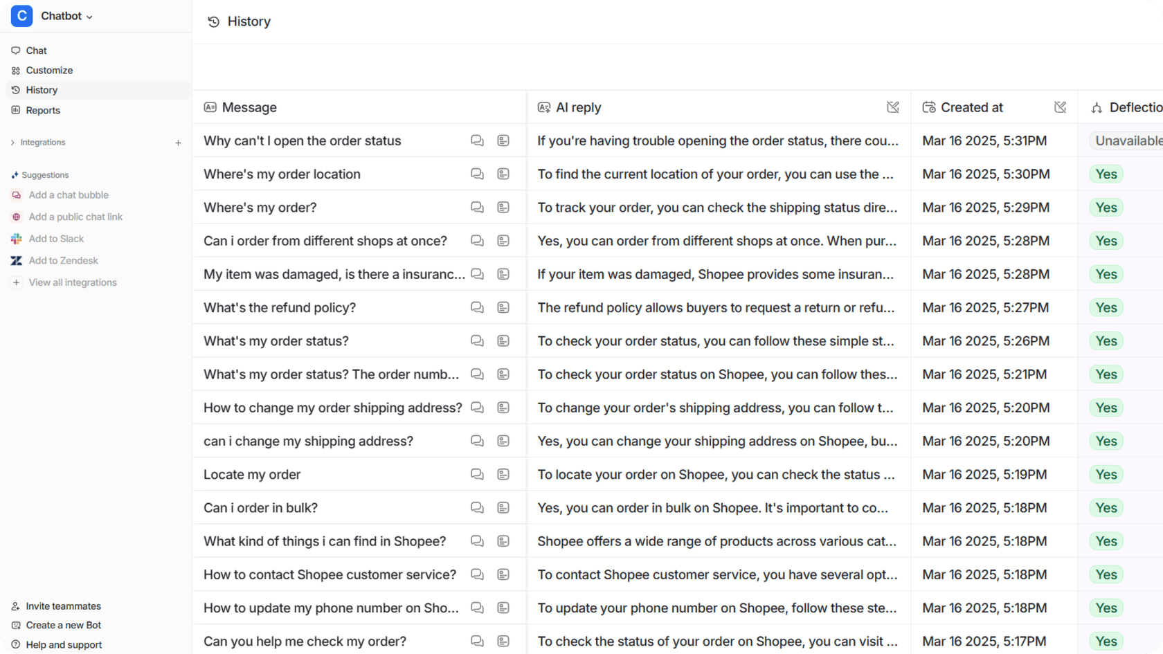 Screenshot of eesel AI’s history tab opened with past conversations about status or order and etc.