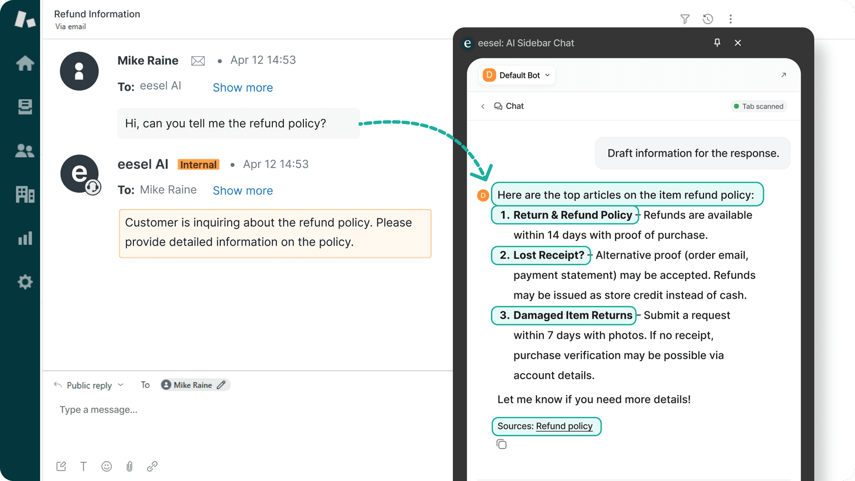 A screenshot of the Zendesk dashboard with a customer ticket opened and the eesel AI extension opened and helping answer it.