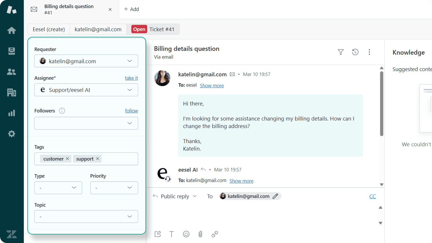 Screenshot of Zendesk AI Classification Dashboard showing the main configuration interface with classification rules