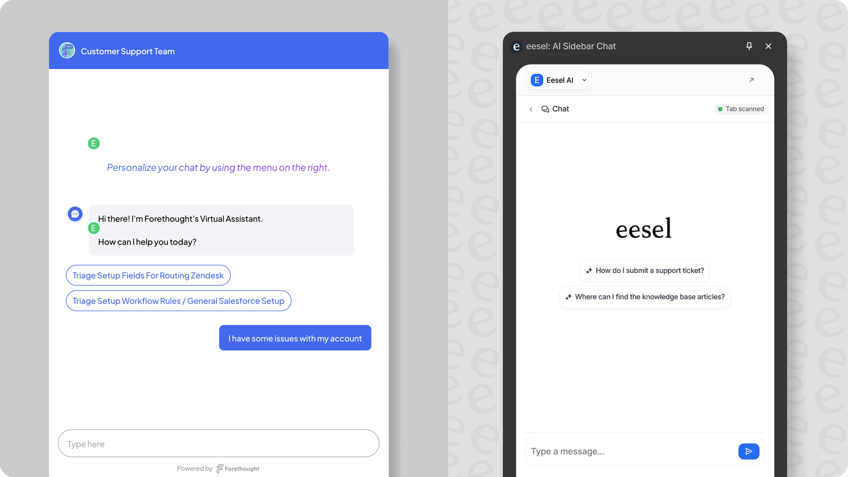 An image of a side by side panel of eesel AI dashboard and Forethought AI dashboard