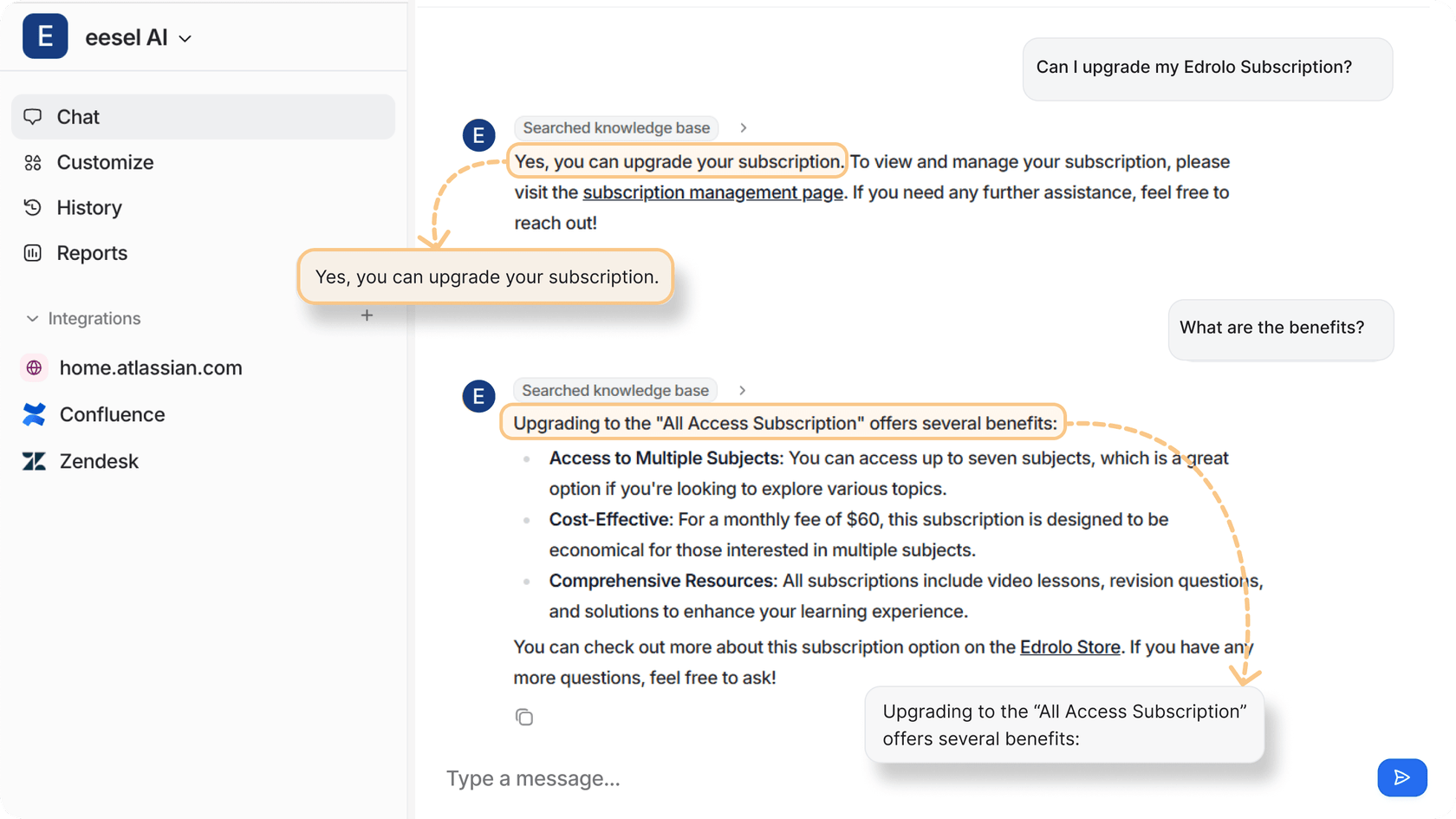 Screenshot of eesel AI's virtual agent maintaining conversational context across multiple messages.