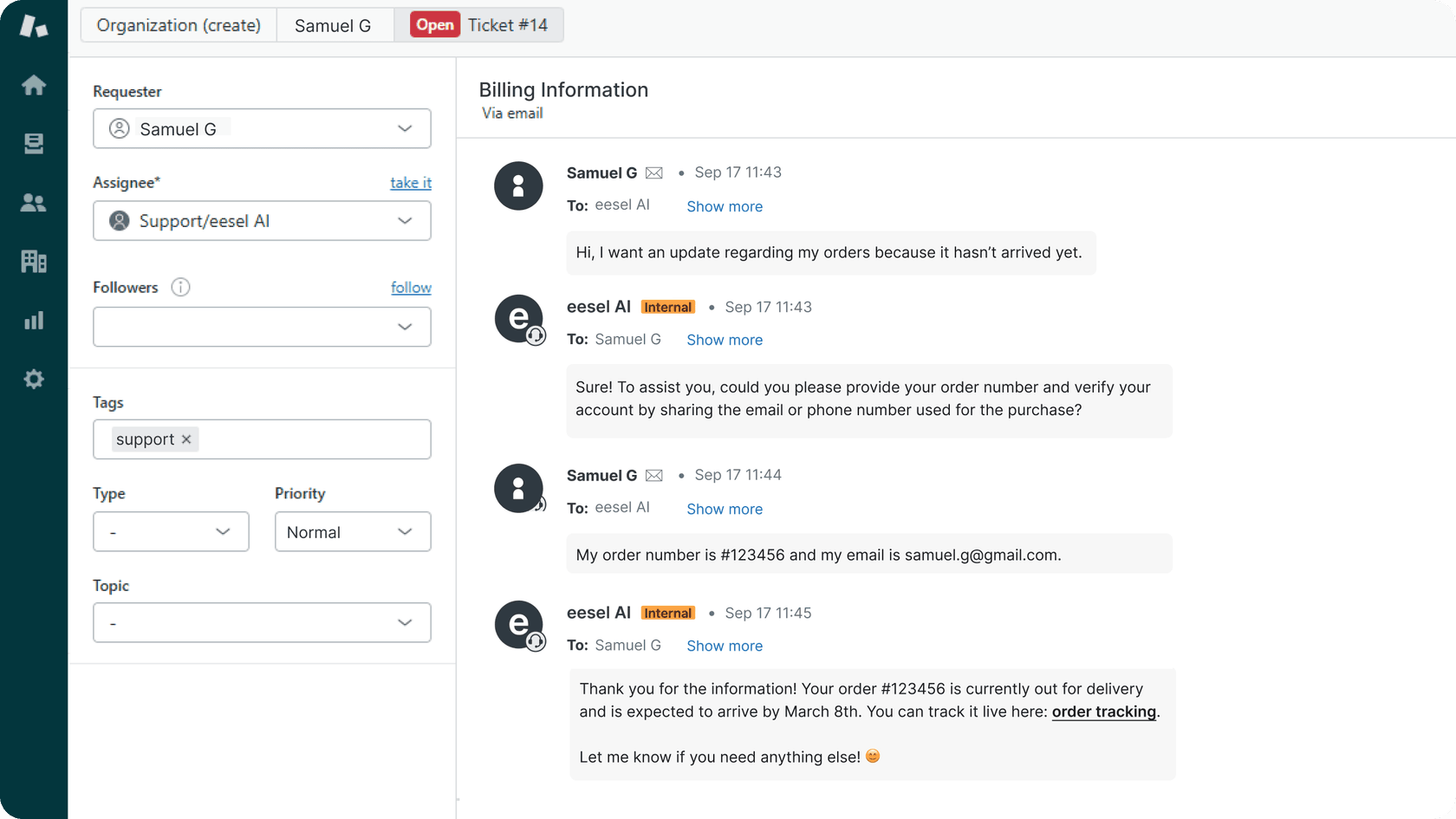 Screenshot of Zendesk chatbot answering a customer question about order update, and AI resolves the ticket by verifying account information and returns with an order update.