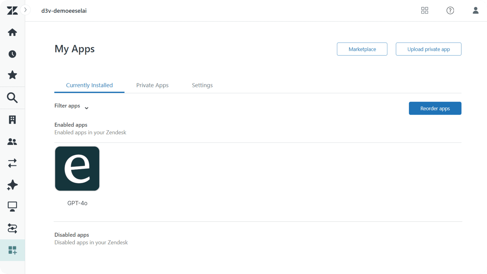 A screenshot of Zendesk admin center’s app & integrations showing GPT-4o installed.