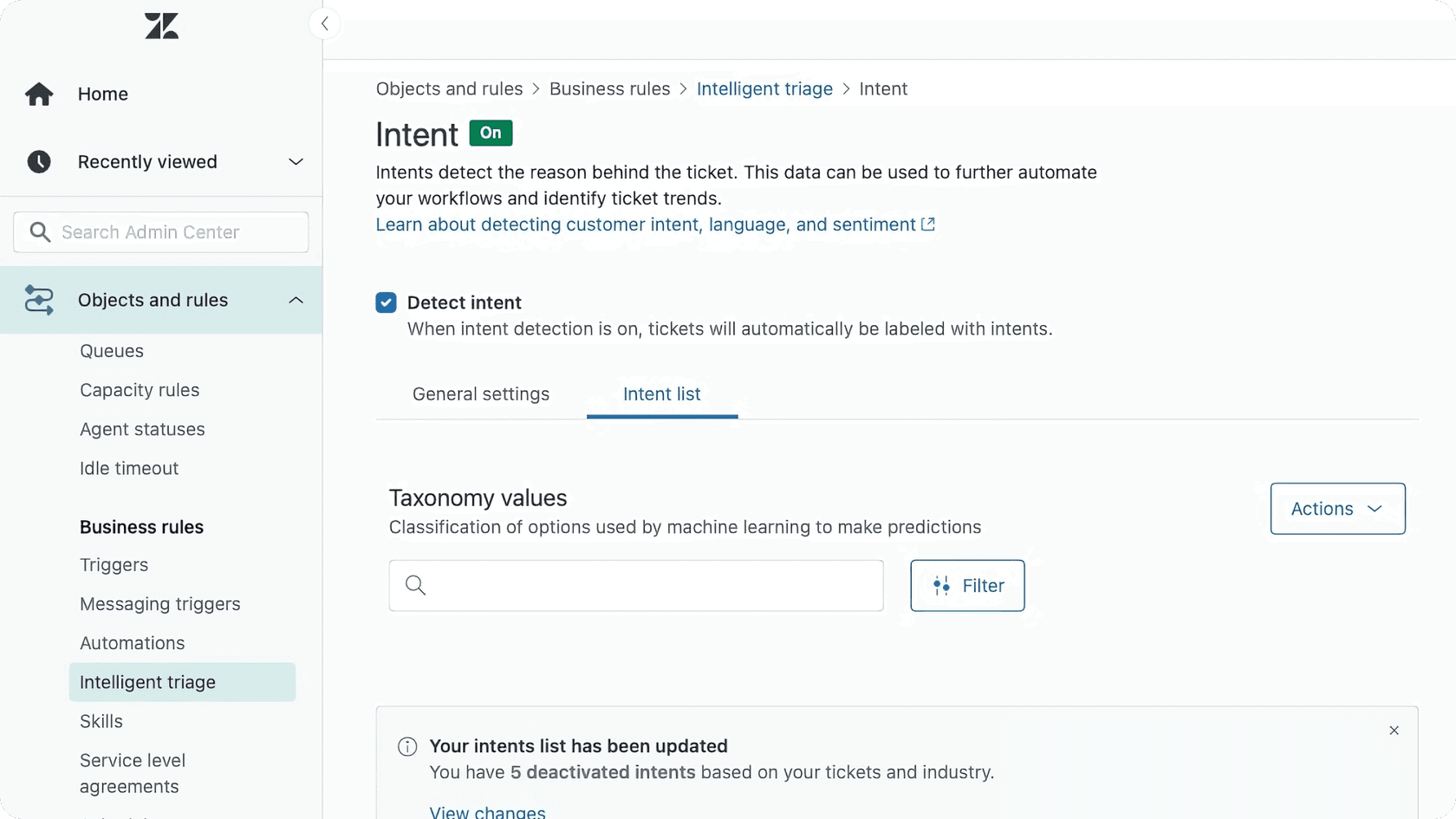a screenshot showing Zendesk's intelligent triage setup page.