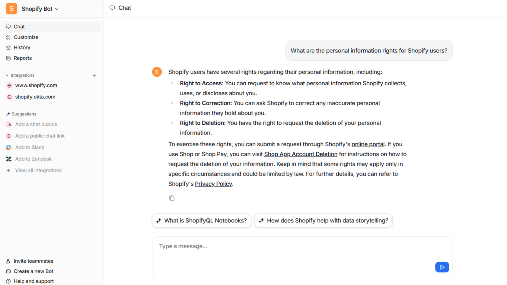 eesel AI dashboard with an AI agent (bot name at the top left) answering a question from Shopify