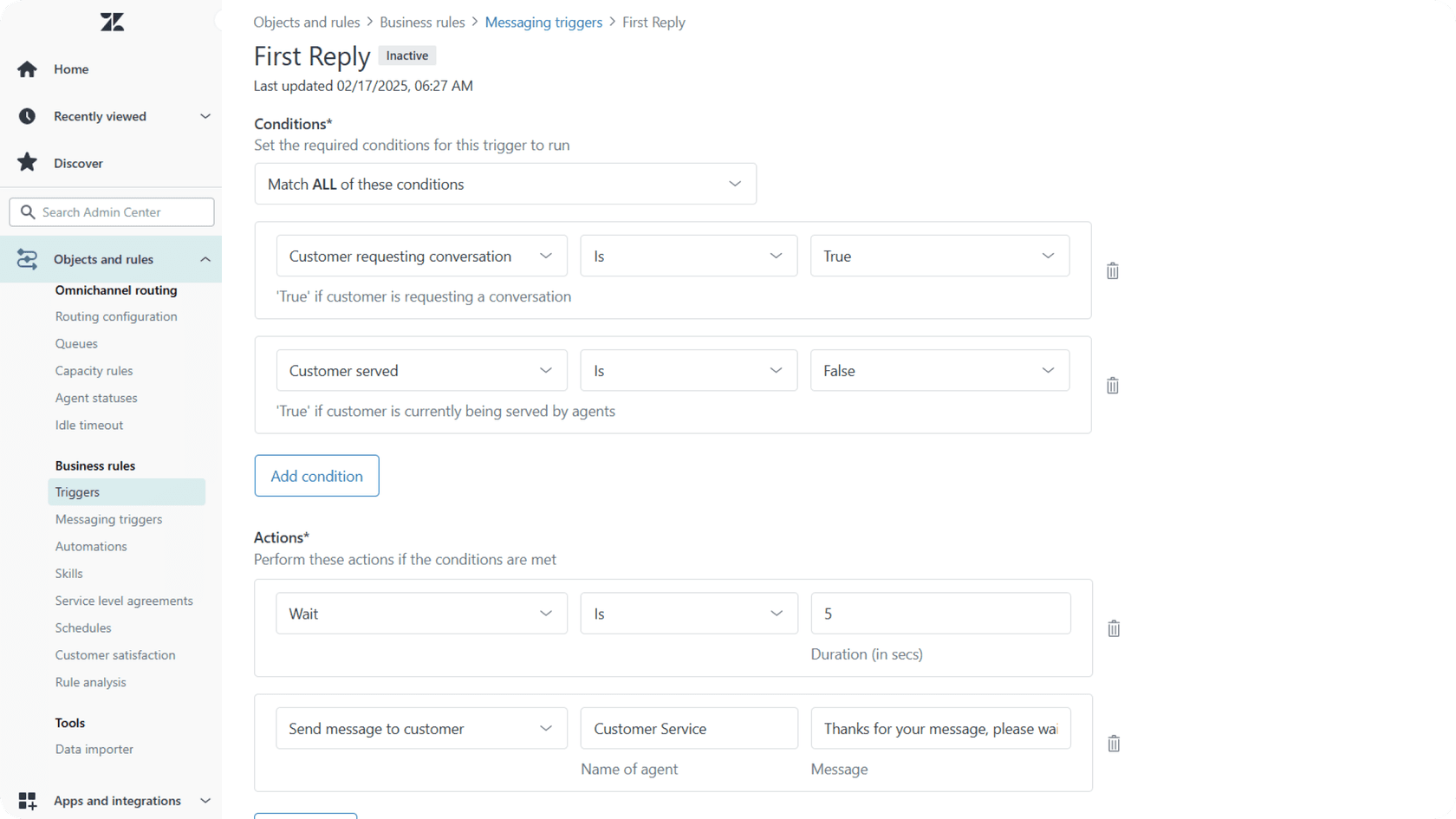 Zendesk's AI response generator configuration interface in Zendesk showing settings panels for response parameters, routing rules, and escalation protocols.