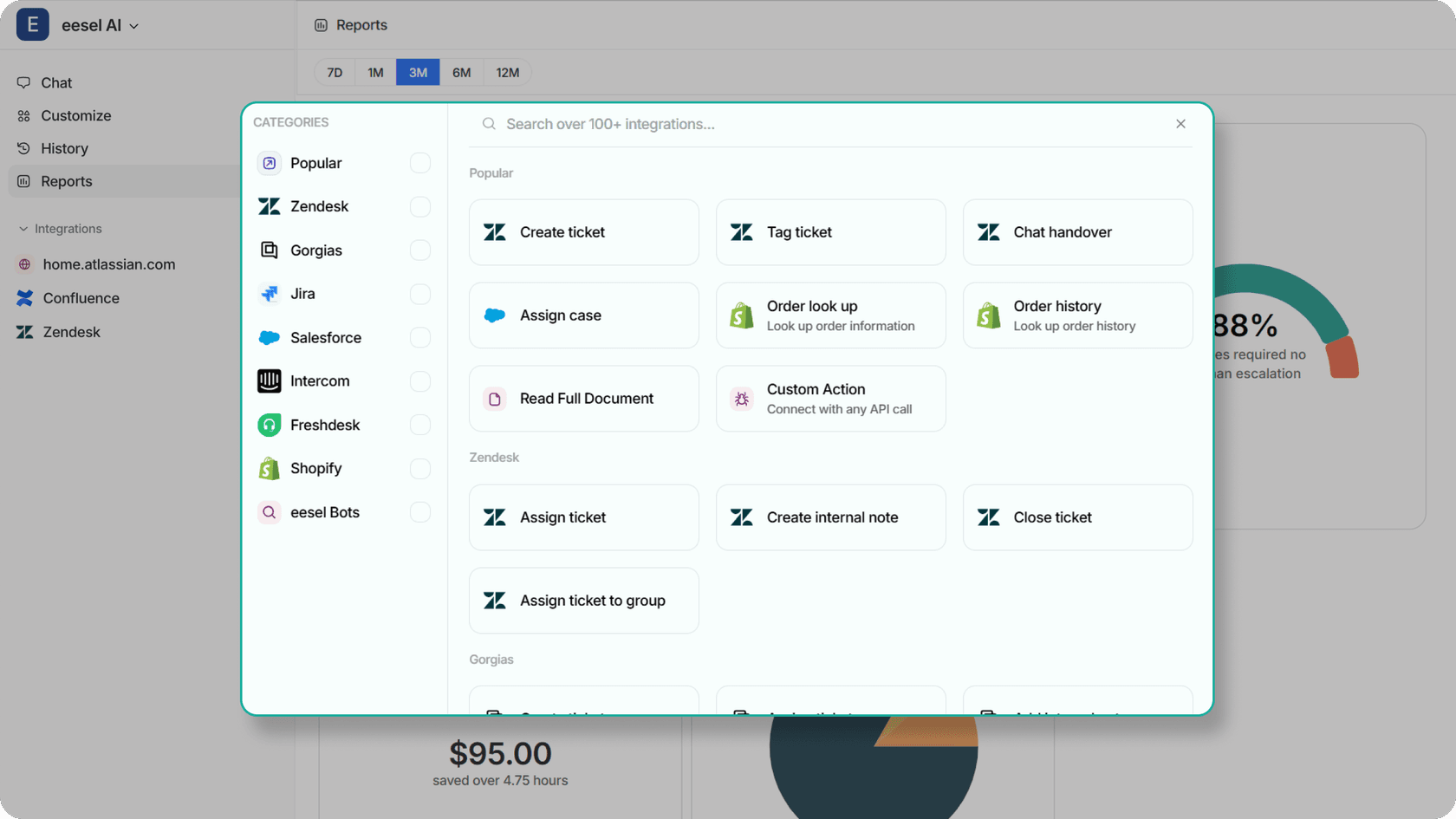 Showing eesel bot action customization with bot report on the back