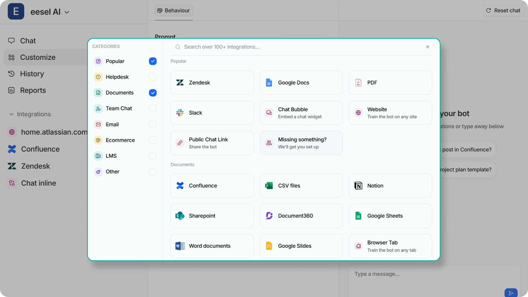 screenshot of the eesel AI dashboard with the integrations tab opened showing all the different types of knowledge base integrations we offer.