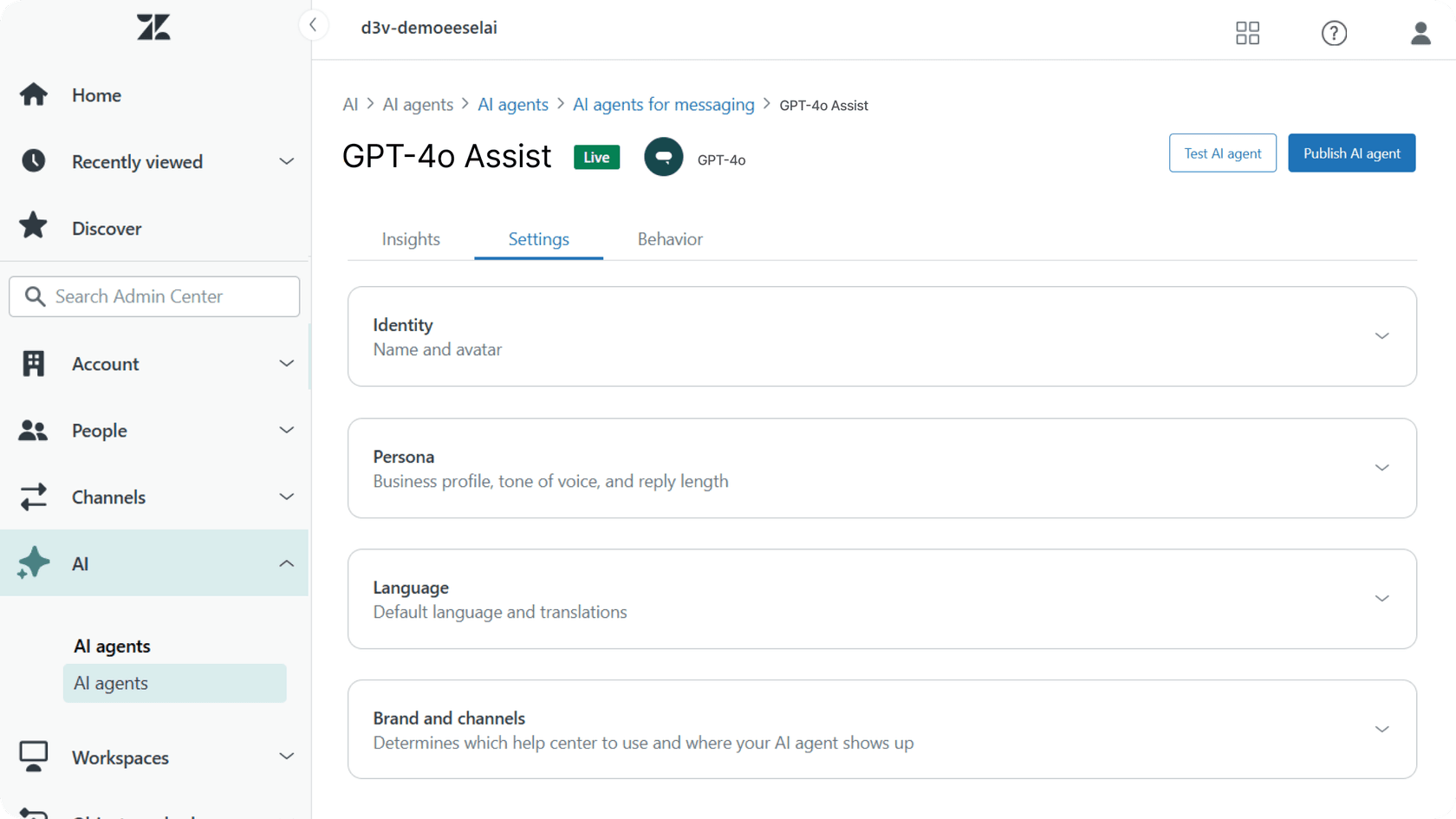 A screenshot of Zendesk AI settings dashboard showing GPT-4o configuration options.