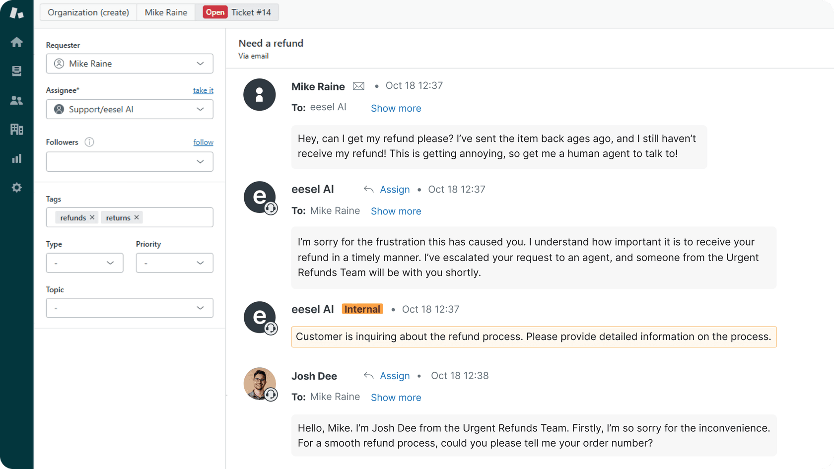 A screenshot of eesel AI support interface displaying a single ticket titled “Need a refund.” On the left, there are ticket details such as the requester (Mike Raine), the current assignee (Support/eesel AI), and tags (“refunds,” “returns”). In the main panel, Mike Raine’s message expresses frustration about a delayed refund. Eesel AI responds with an apology and escalation notice, followed by an internal note indicating the refund topic. Below that, a message from Josh Dee of the Urgent Refunds Team appears, asking for an order number to proceed with the refund.