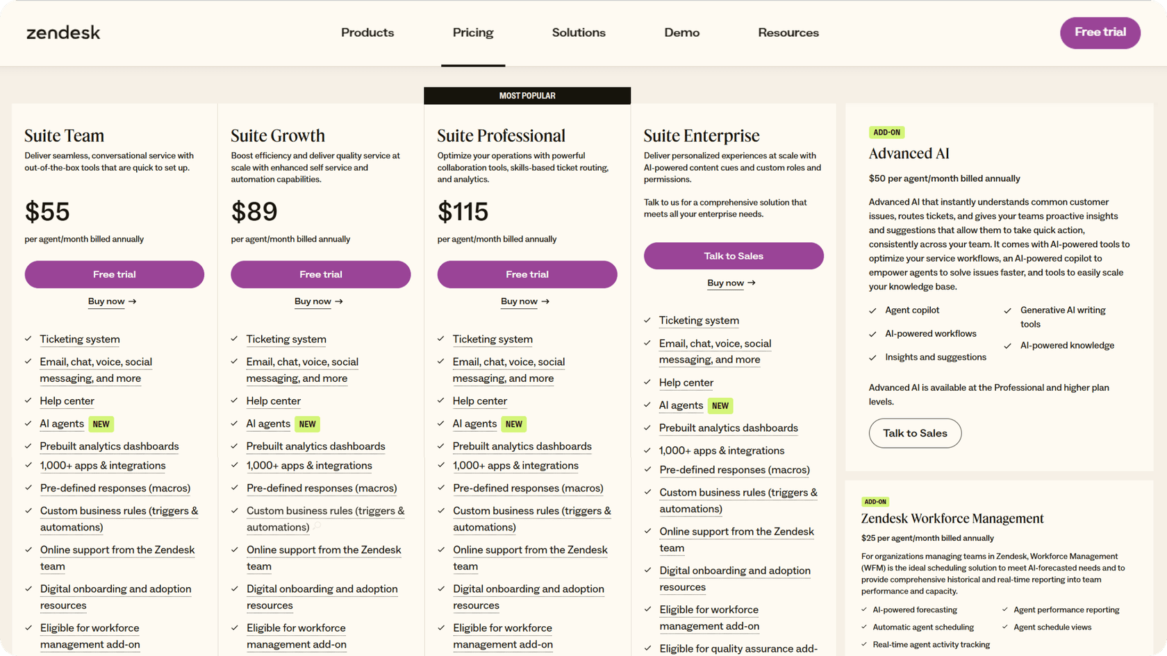 screenshot of zendesk’s pricing page, specifically the tiers + the AI add on