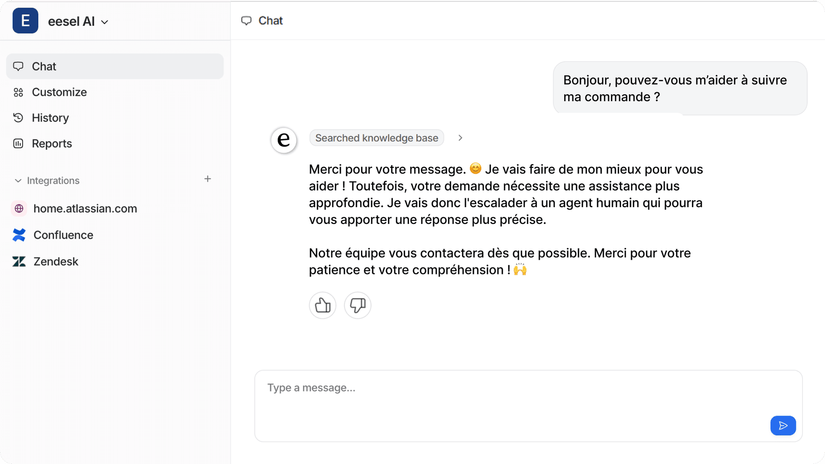 Screenshot of eesel AI's chat conversing in French and escalating the ticket to a human agent
