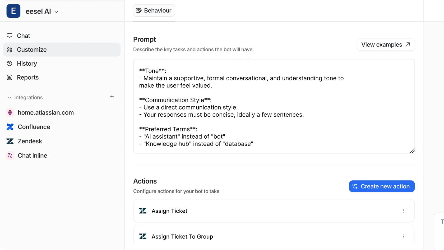 Screenshot of eesel AI's dashboard displaying customization settings for tone (formal/casual), communication style (direct/diplomatic), and custom vocabulary management.