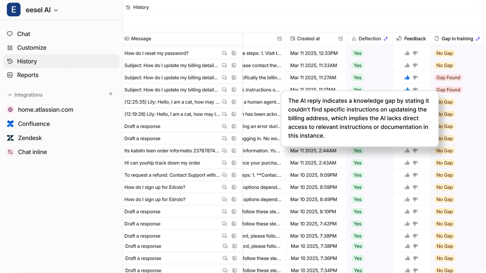Screenshot of eesel AI history page showing knowledge gaps, displaying content recommendations and suggestions to gaps. The interface highlights areas needing attention and suggests specific article improvements.
