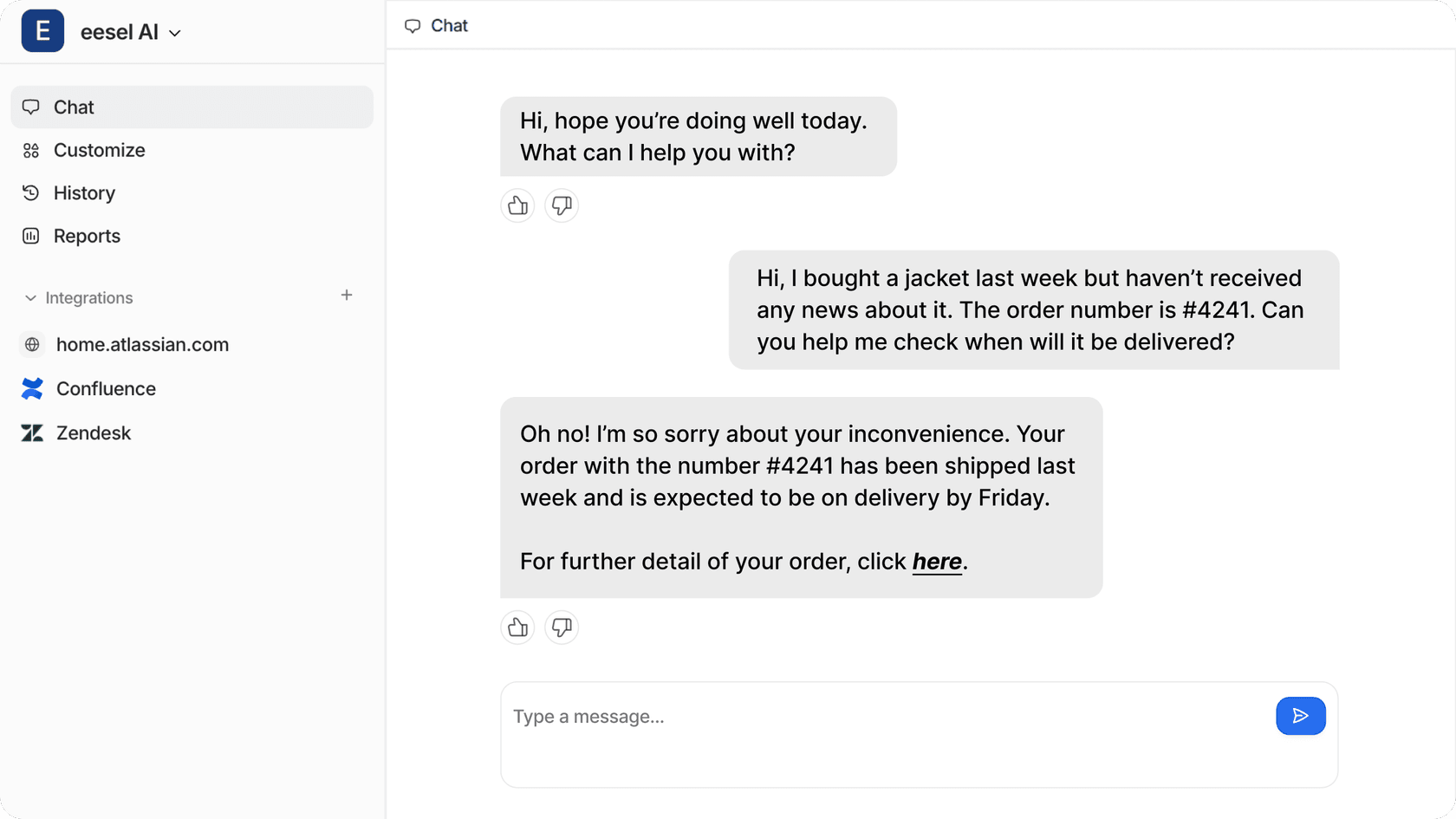 A screenshot of eesel AI agent retrieving order information for a delivery during a conversation.