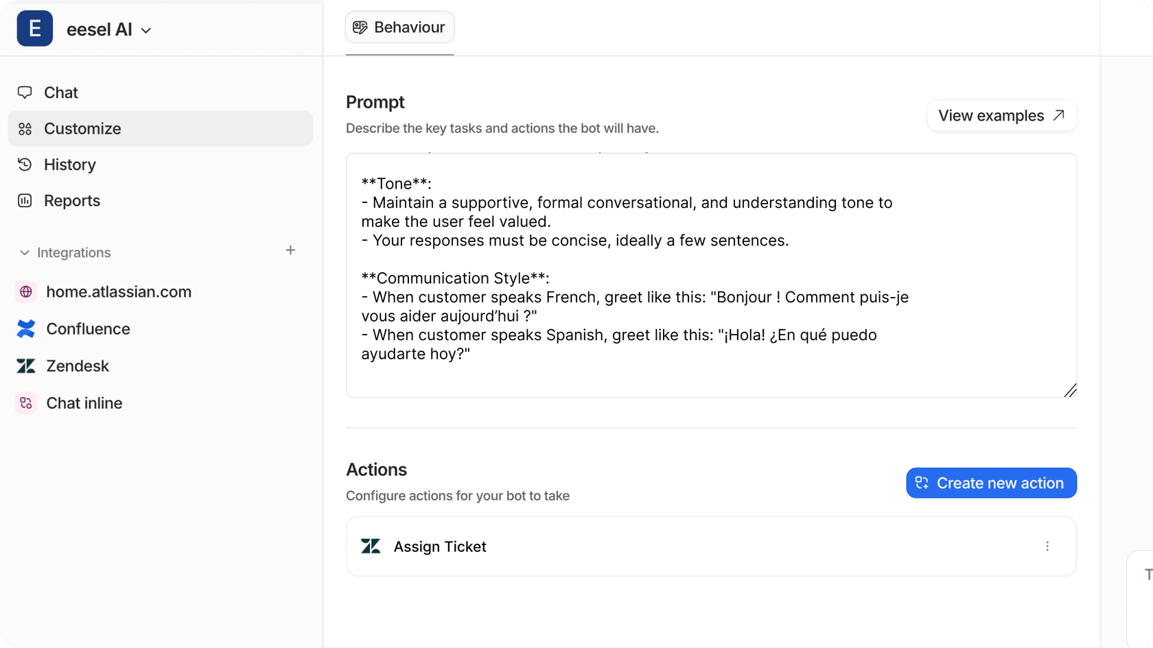 A screenshot of eesel AI's customization tab showing various prompts in English, French, and Spanish.