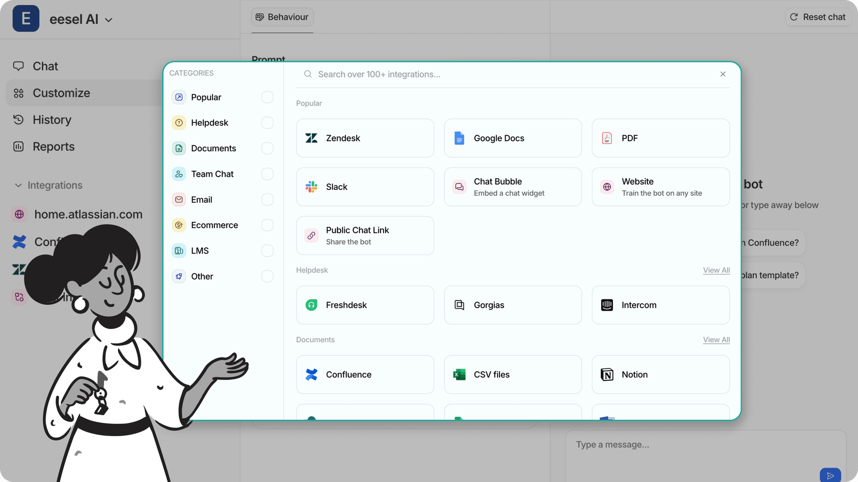 Screenshot of eesel AI dashboard showing zendesk integration tab]