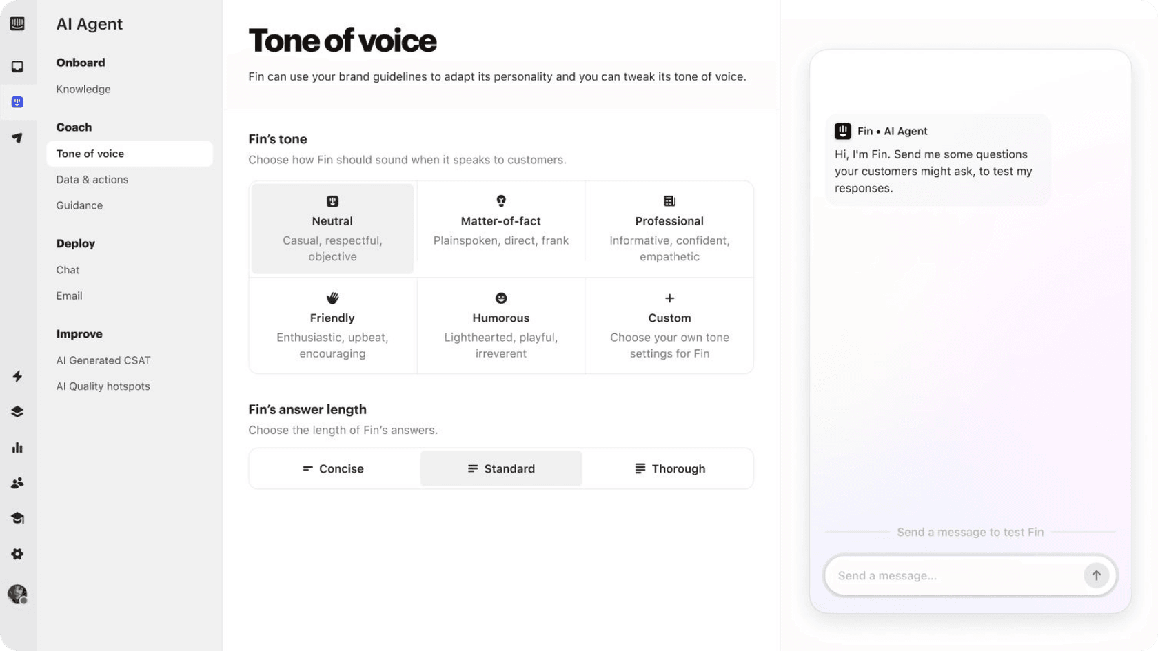 A screenshot of Intercom AI agent’s tone of vioce panel settings page to match your brand voice.
