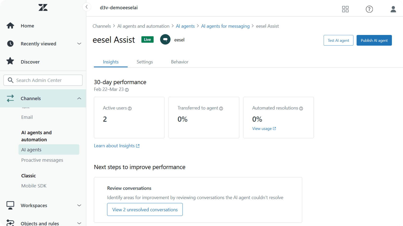 Screenshot of Zendesk insights dashboard showing 30-day performance on active users, tickets transferred to agents, and automated resolutions.