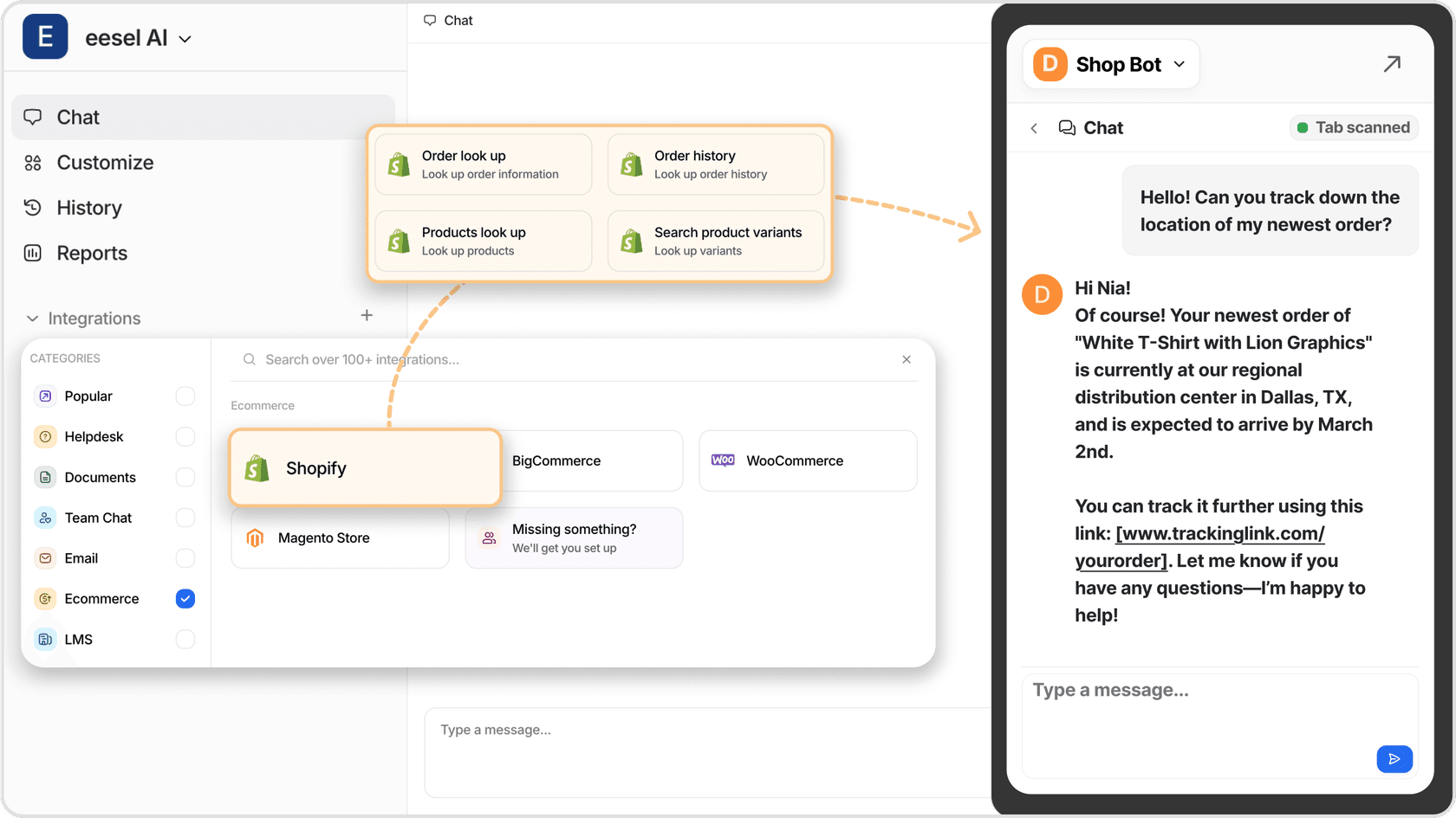 Screenshot showing eesel AI's integration dashboard with highlighted sections for e-commerce platform connectors, knowledge base imports, and API configuration options, while there's a chatbox open and the AI is answering a customer question. The visual demonstrates the straightforward setup process and available integration options.