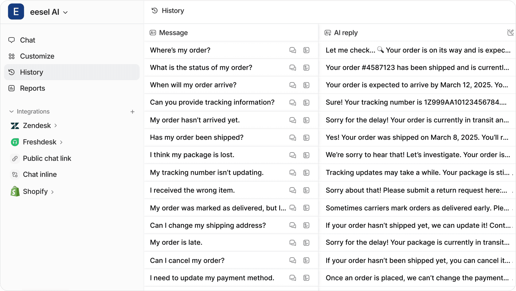 screenshot of eesel AI’s history tab opened with past conversations with customers.