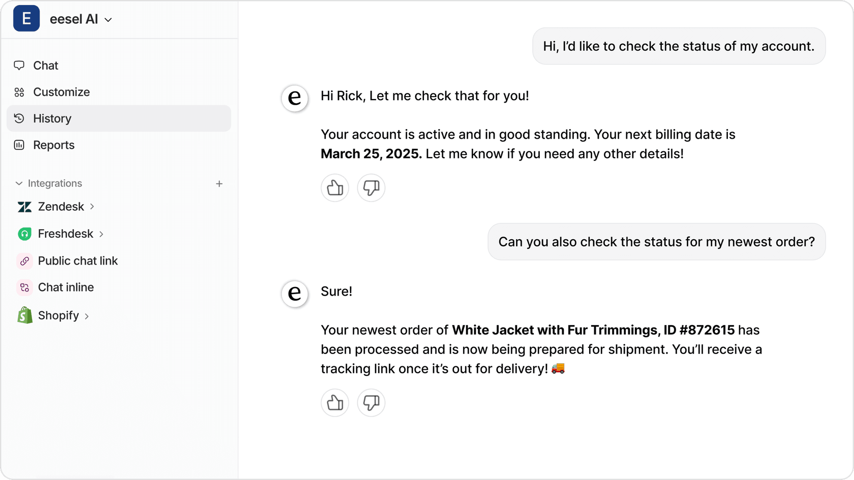 A screenshot of eesel AI's dashboard showing automated responses to customer queries.