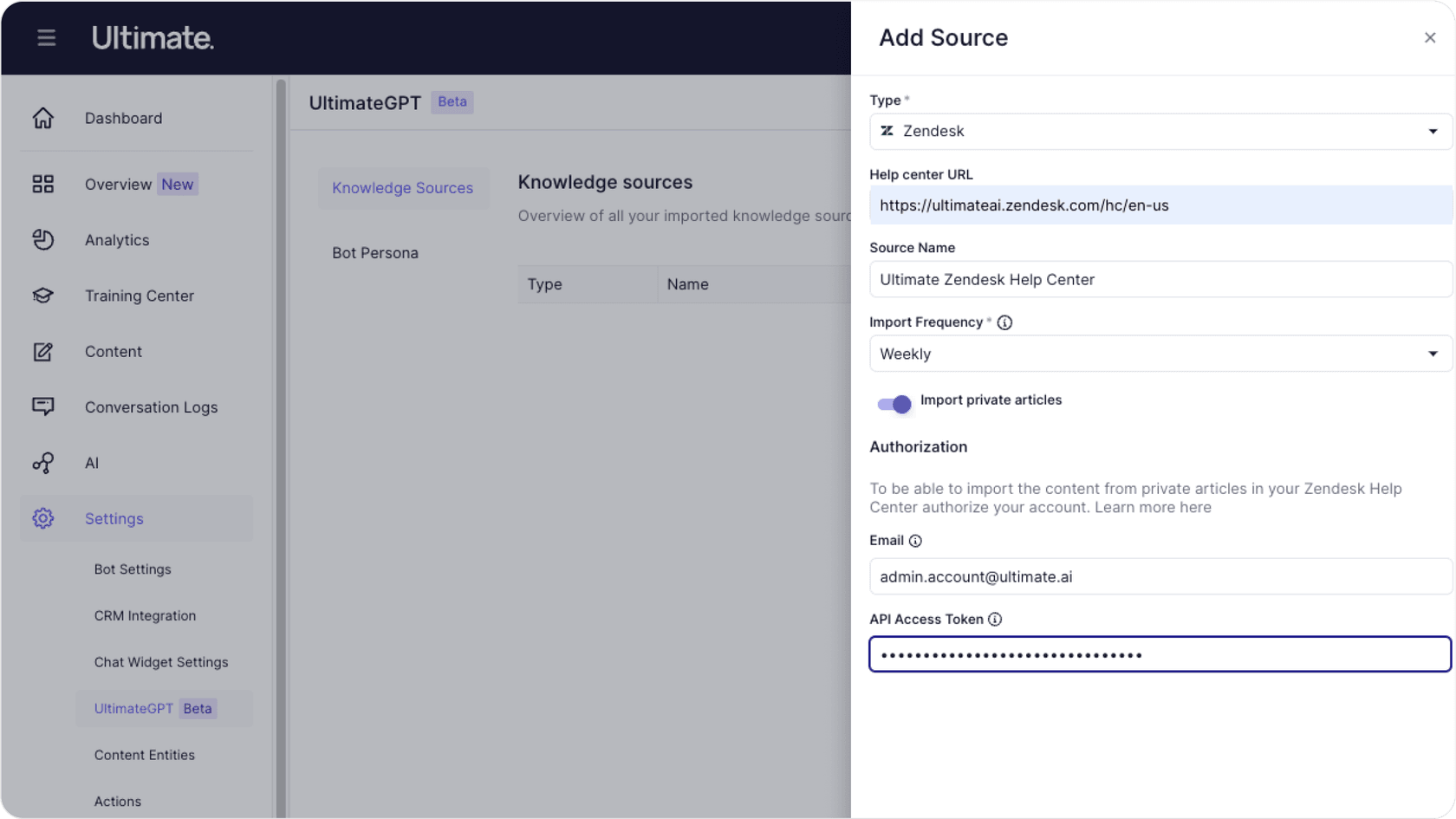 Screenshot of Ultimate's Add Source pop up, showing the type, URL, Source name, Import Frequency, and the email of the account.