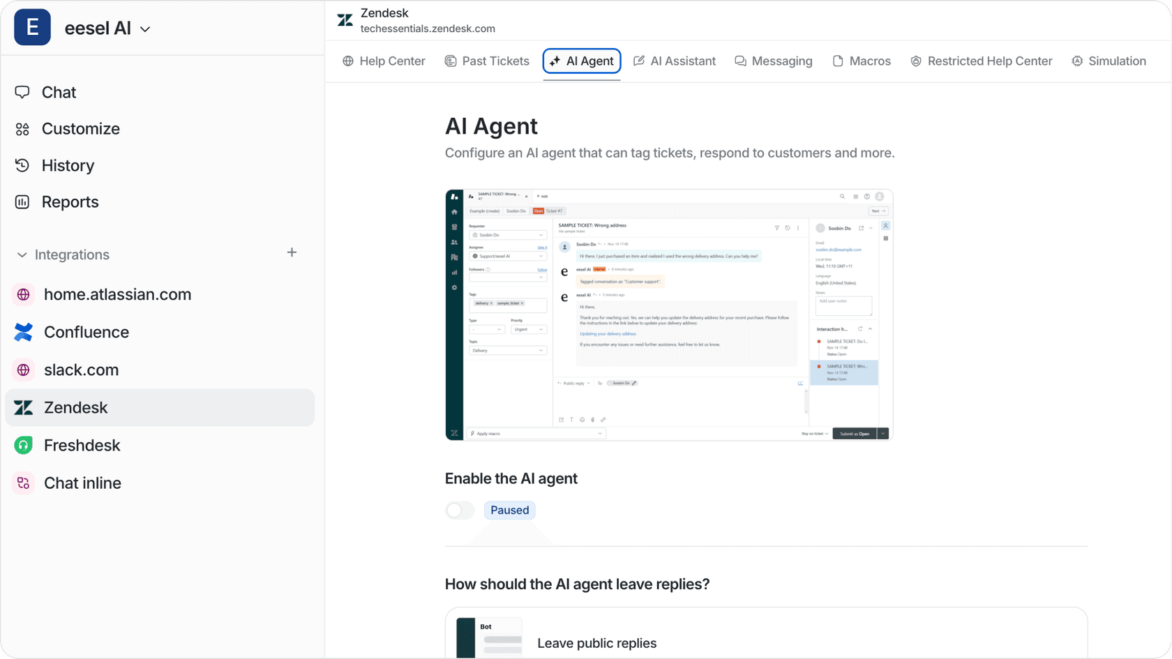 A screenshot of eesel AI's integration dashboard, specifically highlighting Zendesk and the AI Agent section, showing different settings.