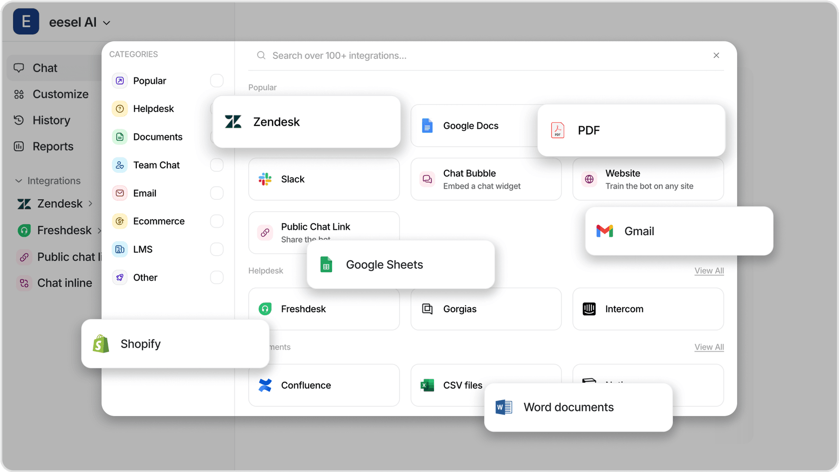 eesel AI dashboard showing different knowledge base integration options, named Google Docs, Confluence, PDF, websites, and etc.