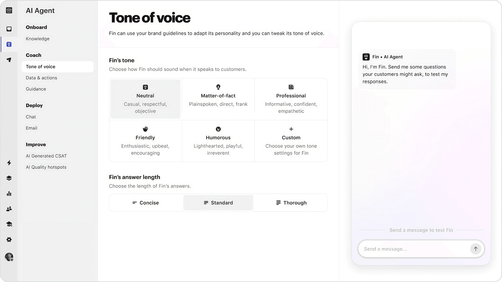 screenshot of Intercom Fin AI chatbot the settings page