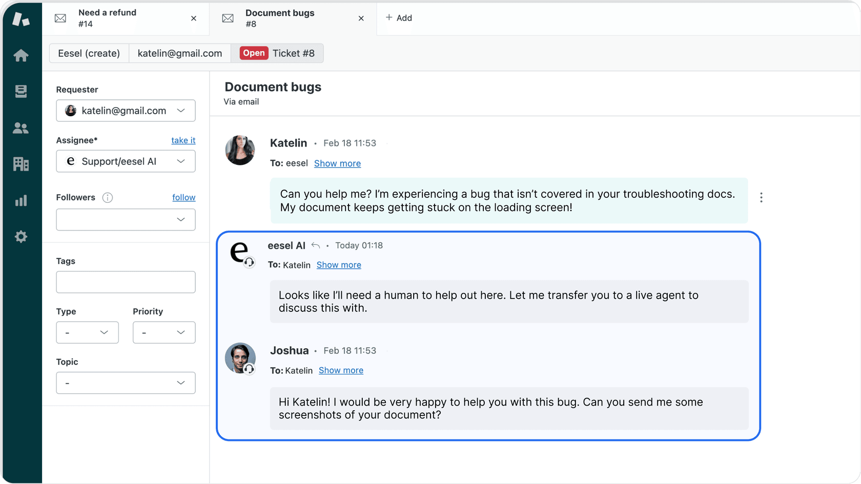 A screenshot of Zendesk escalating a ticket to a human agent.