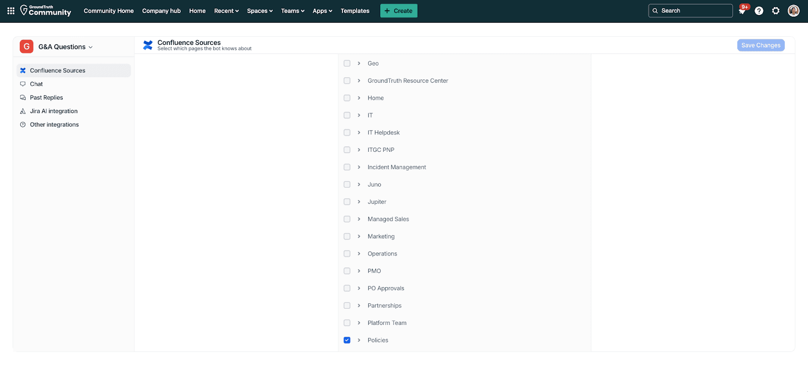 A screenshot of GroundTruth's Confluence sources that have been added to a helpdesk.