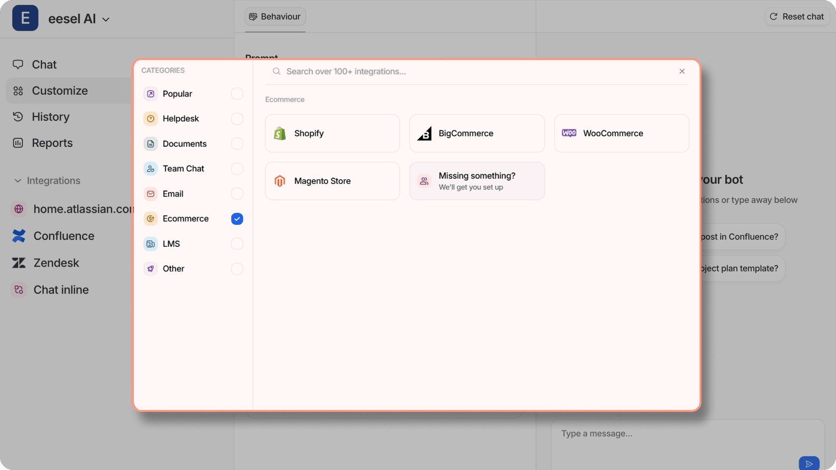 Screenshot of the eesel AI dashboard showing active bots connected to Shopify, WooCommerce, BigCommerce, and Magento, illustrating cross-platform support not limited to Gorgias AI.