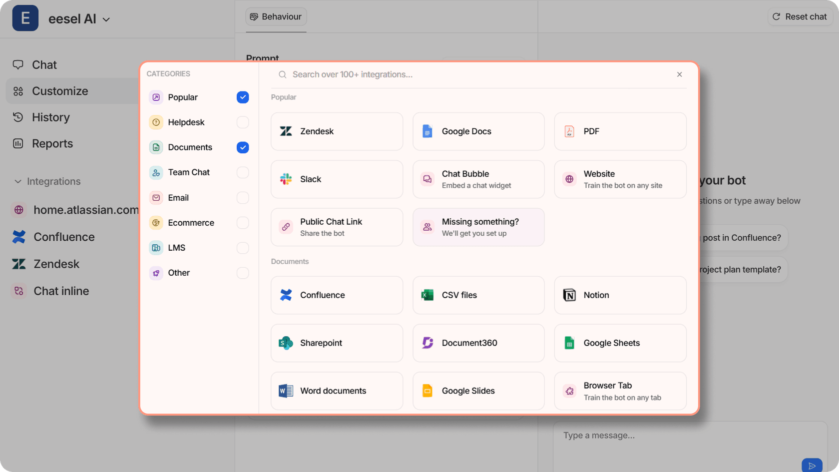 Screenshot of the eesel AI knowledge sources panel displaying connected platforms like Google Drive, Confluence, PDFs, and internal docs for flexible AI training.