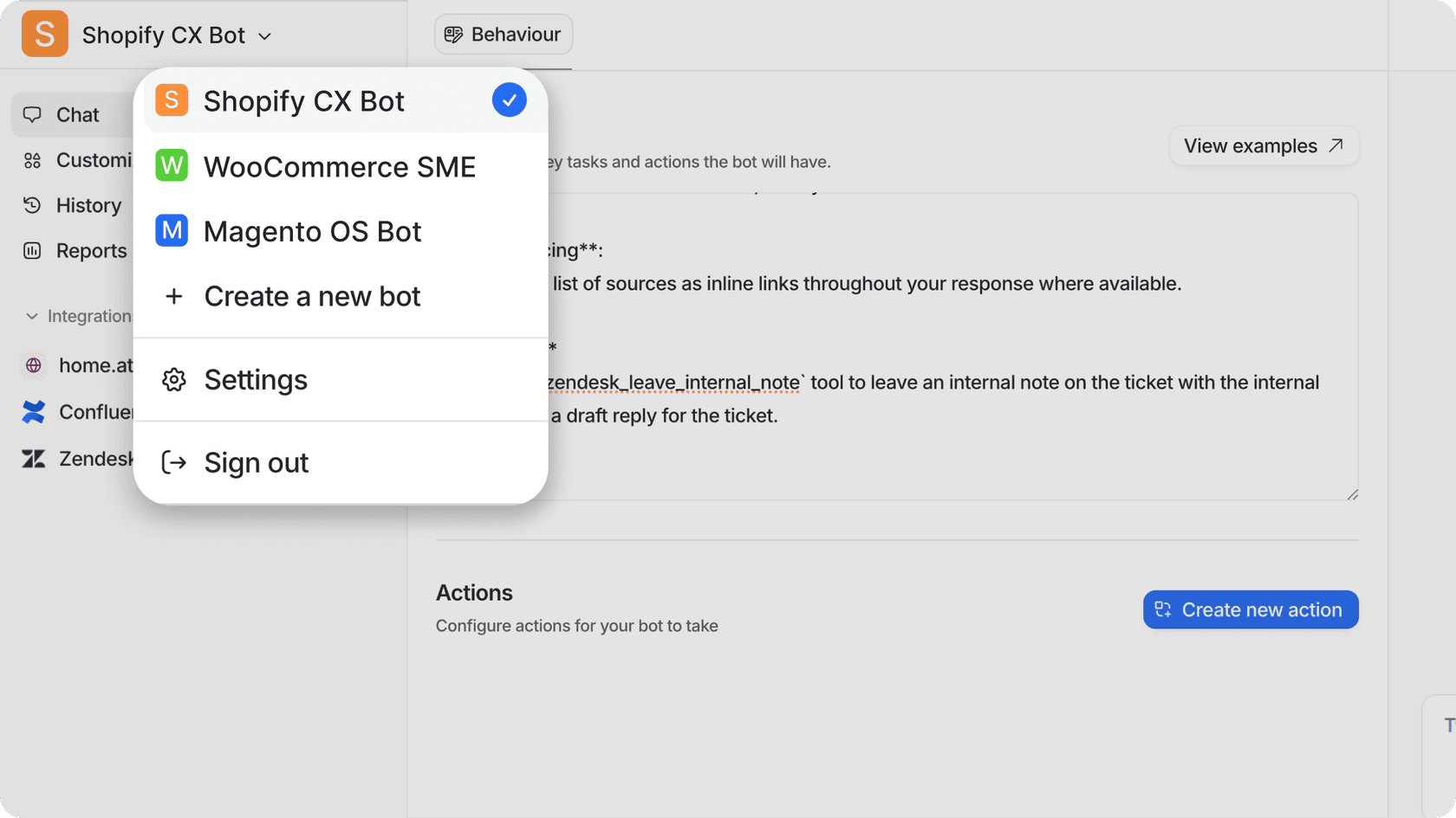 Screenshot of the eesel AI dashboard with a dropdown showing multiple bots, including Shopify CX bot, WooCommerce SME bot, and Magento Returns bot.