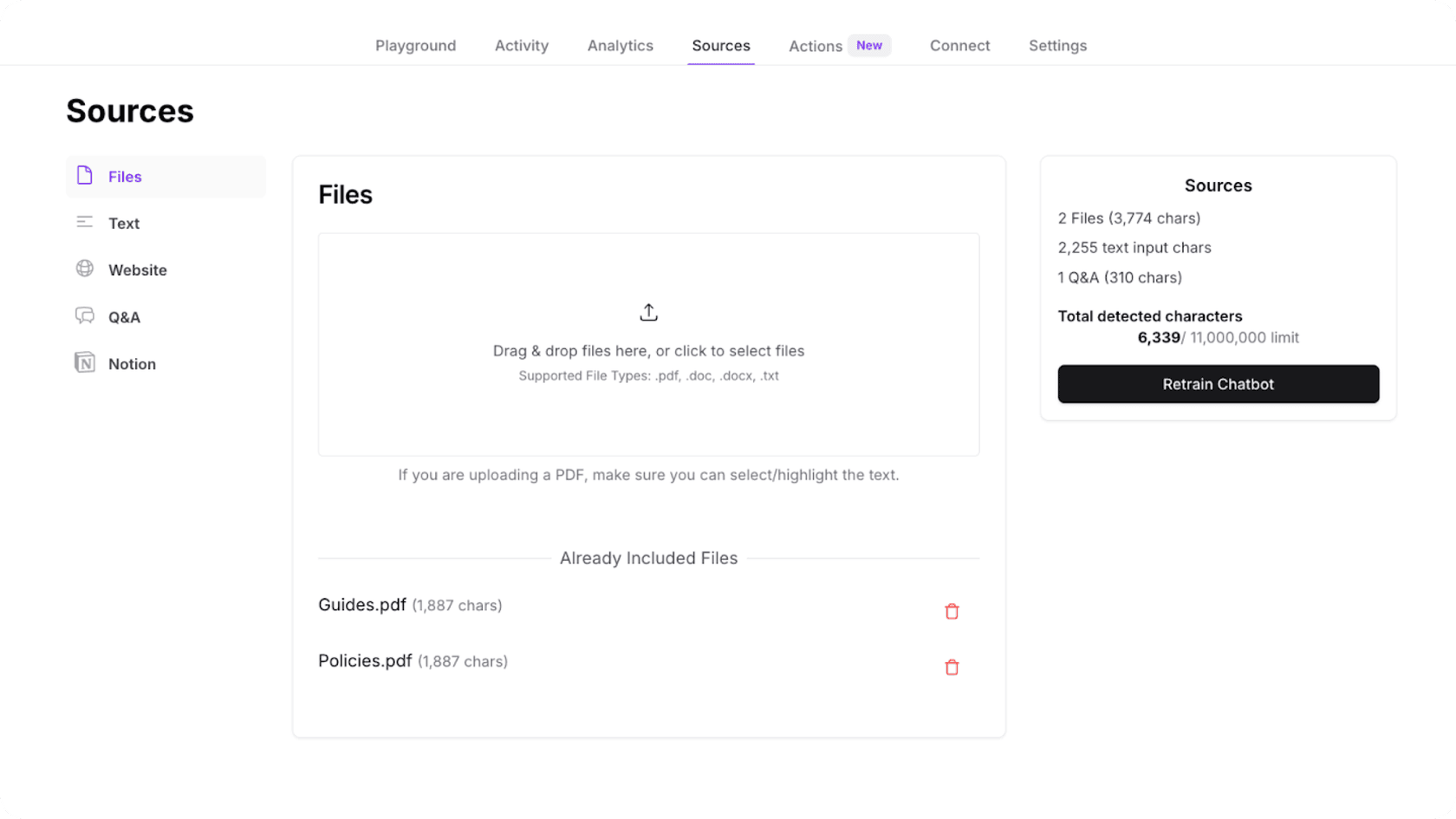 Screenshot of the Chatbase knowledge base interface showing document upload panel with supported file types, chunking settings with size and overlap options, and a training progress bar indicating vector processing.