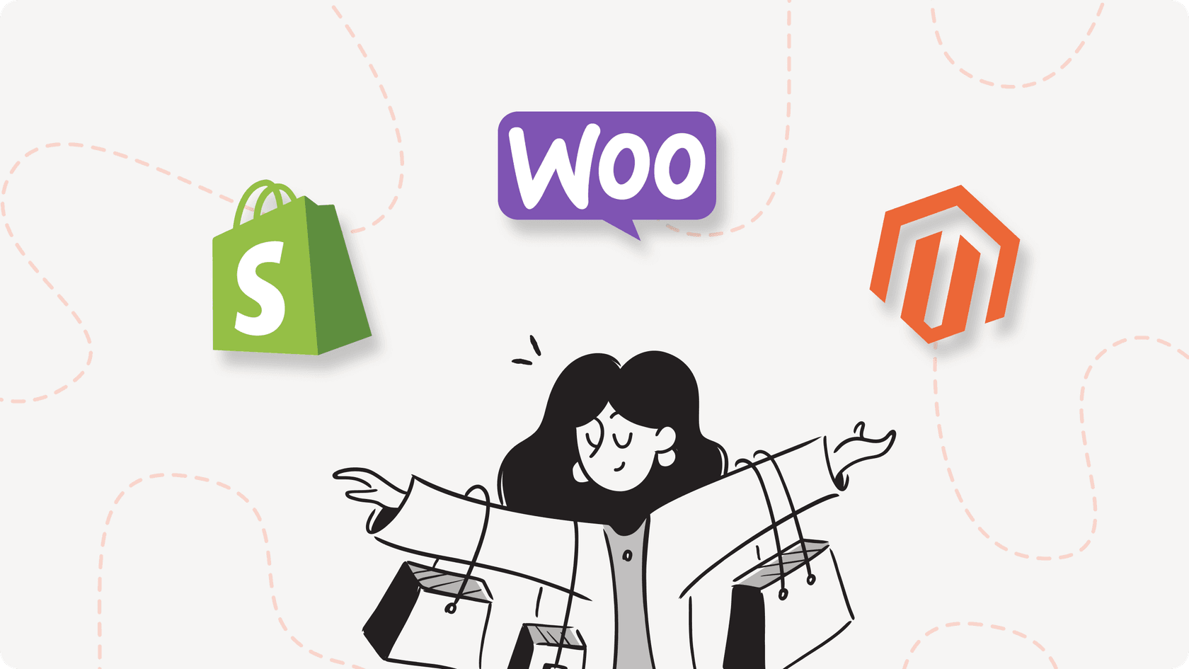 Image showing logos of major e-commerce platforms including Shopify, WooCommerce, and Magento.