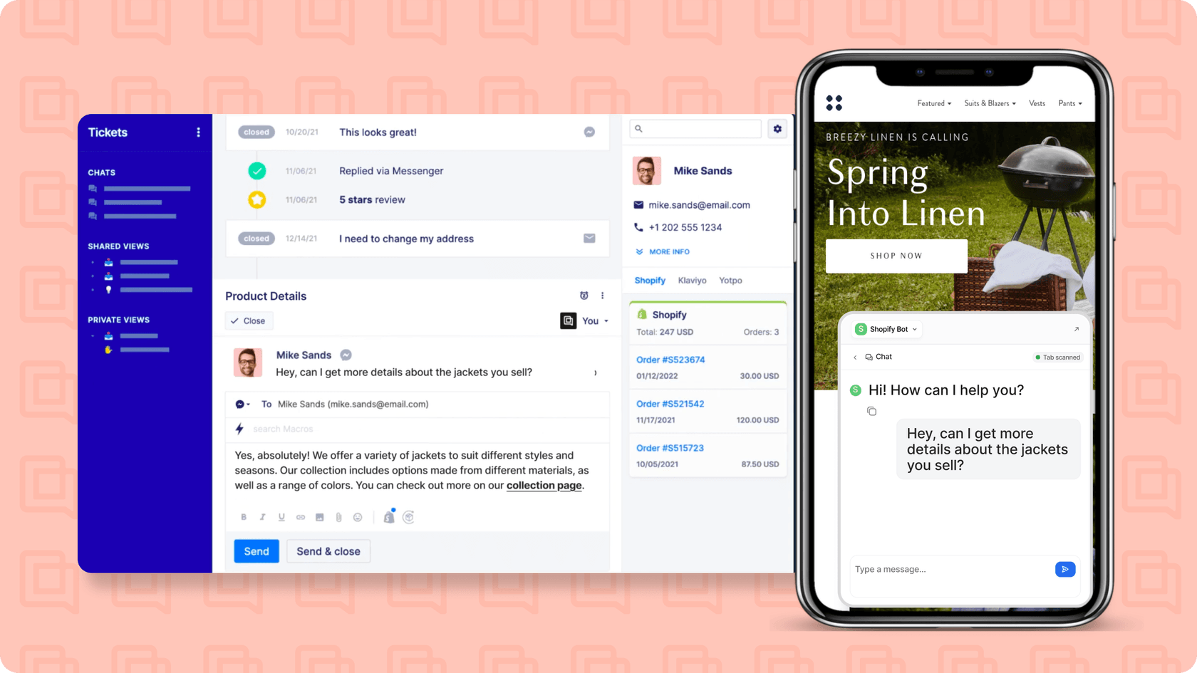 Screenshot of a real-time product question on a Shopify store, handled through Gorgias Live Chat — with order info and a reply ready to send.