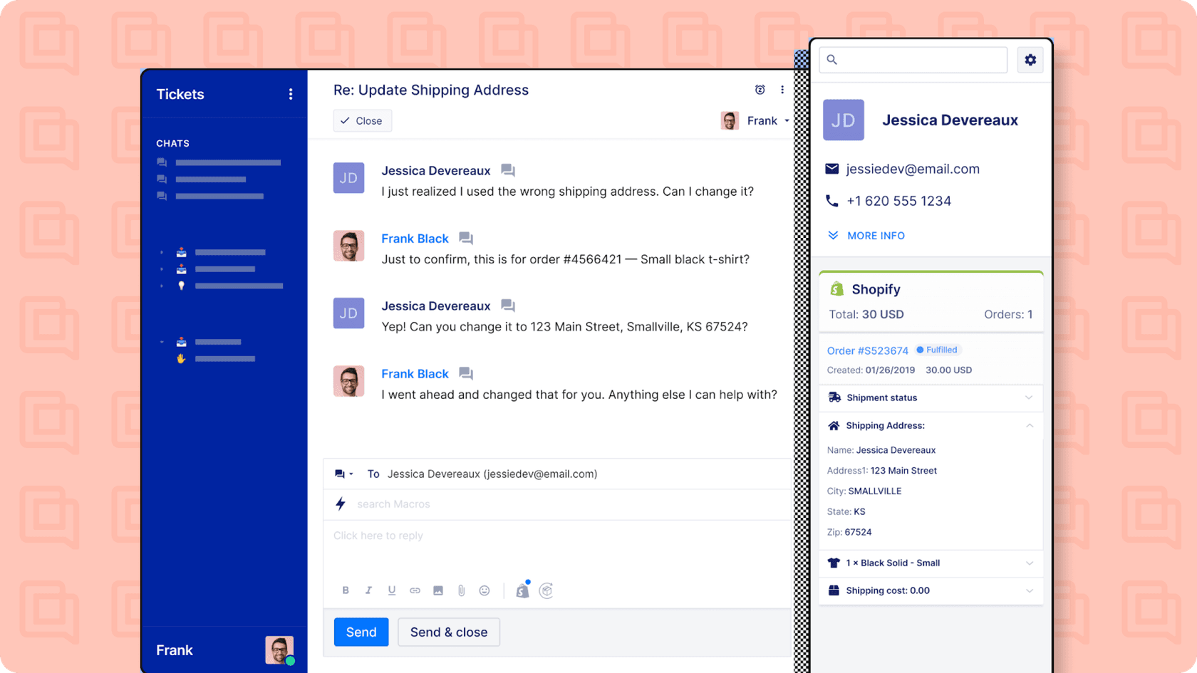 Image of an agent view in Gorgias Live Chat showing a real-time conversation with a customer, complete with Shopify order details on the side.